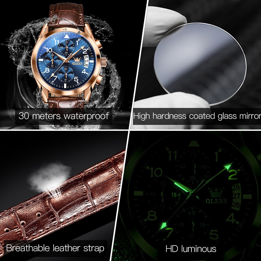 OLEVS 2878 Quartz Men Watch Classic Waterproof Luminous Wristwatch Leather Strap Date Display Luxury Top Brand Watch for Men Hot